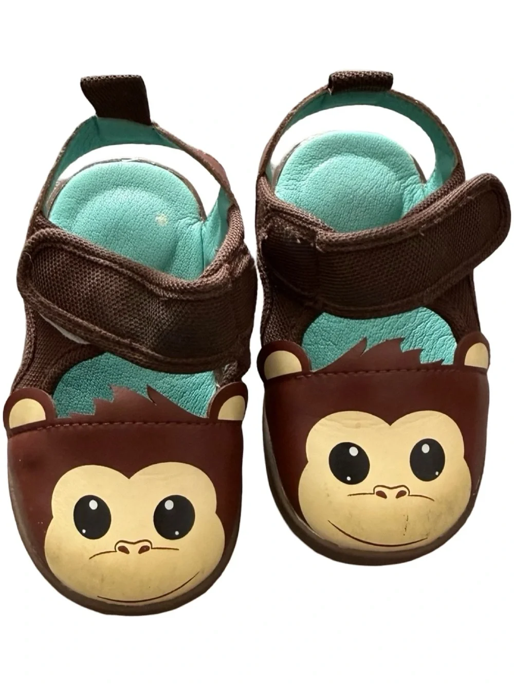 Kids Brown Monkey Face Sandals with Teal Insole